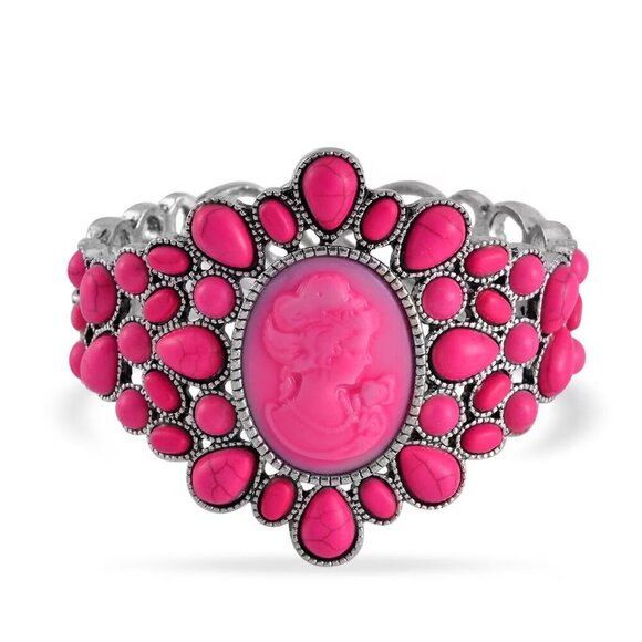 Fuchsia Howlite and Cameo Bangle Bracelet in Silvertone (7") 26.00 ctw - Picture 1 of 3